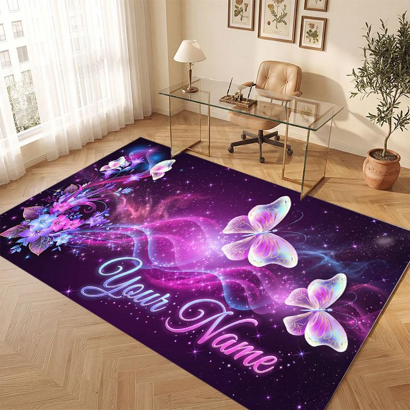 Butterfly Theme Crystal Velvet Floor Rug Personalized Custom Name Text Warm Carpet Home Decoration