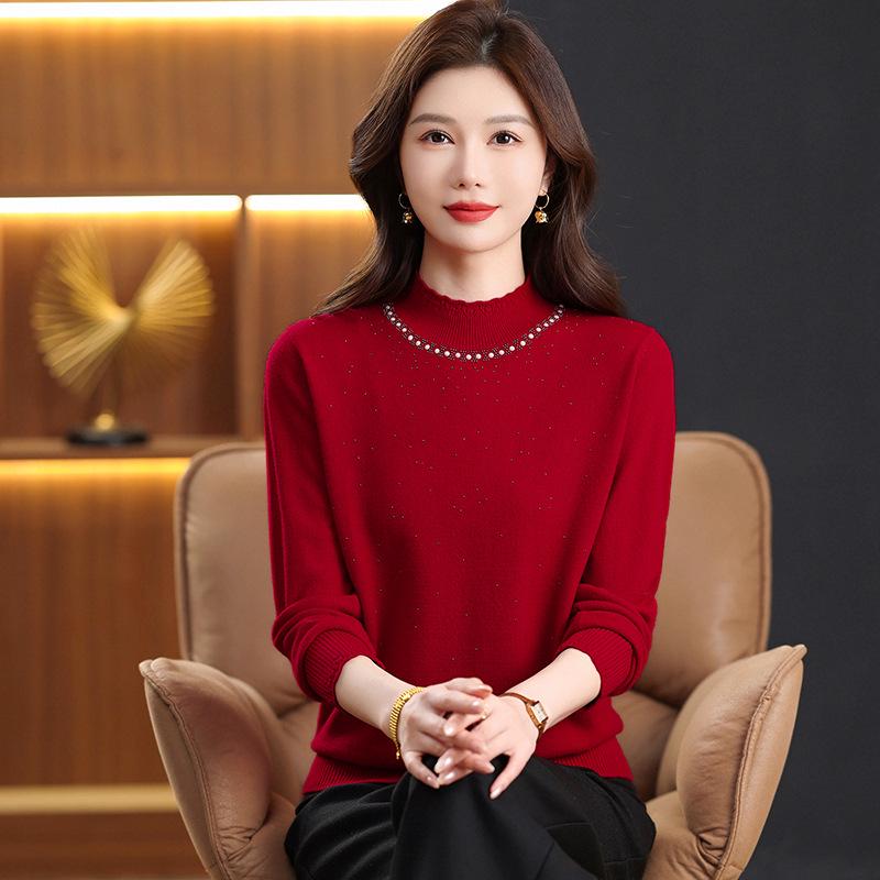 Women's 100% Wool Rhinestone Semi-High Neck Sweater – Fashionable Knitted Base Shirt for Autumn and Winter, Ideal for Middle-Aged and Elderly Mothers
