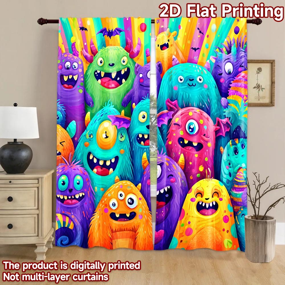 2D flat printing 2pcs Window Curtains Cute Colorful Monsters Digital Printed Polyester Drapes Festive Wall Decor Perfect for