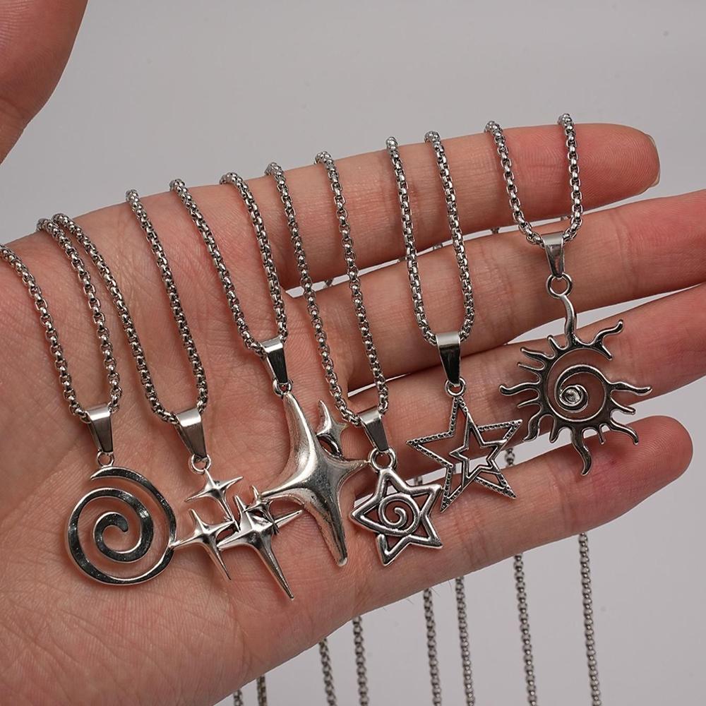 

Star Sun Spiral Pendant Necklace Set Silver Tone Geometric Star Chain Necklaces for Men Women Punk Streetwear