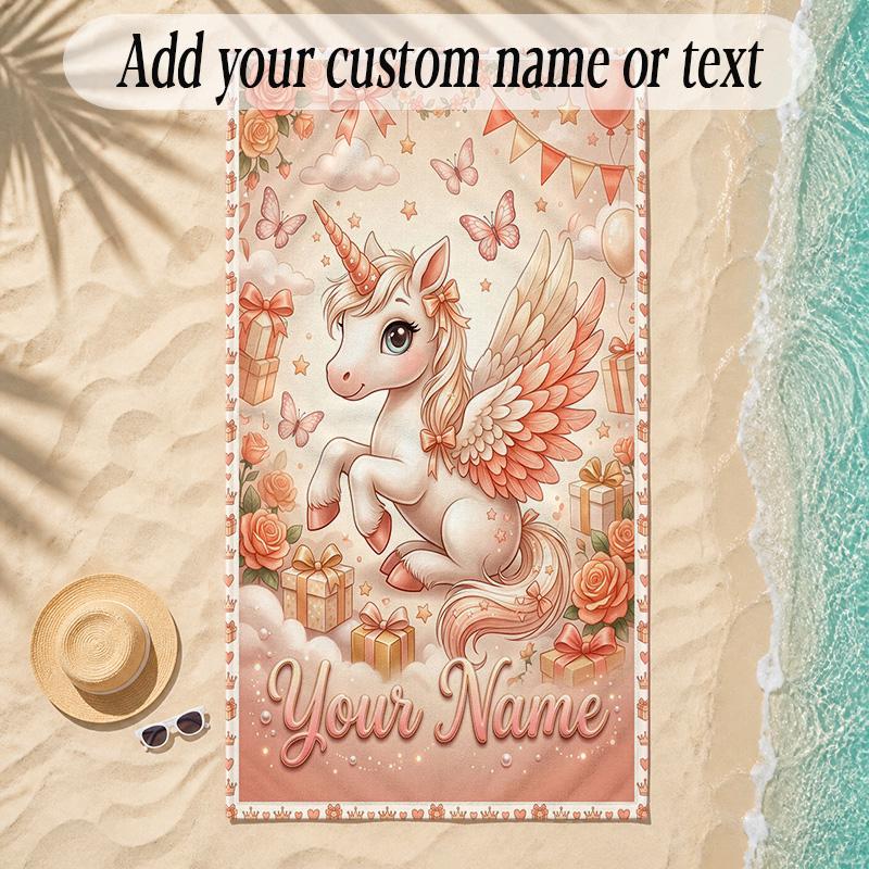 Unicorn Theme Soft Beach Towel Personalized Custom Name Text Towel Portable for Beach Pool Travel