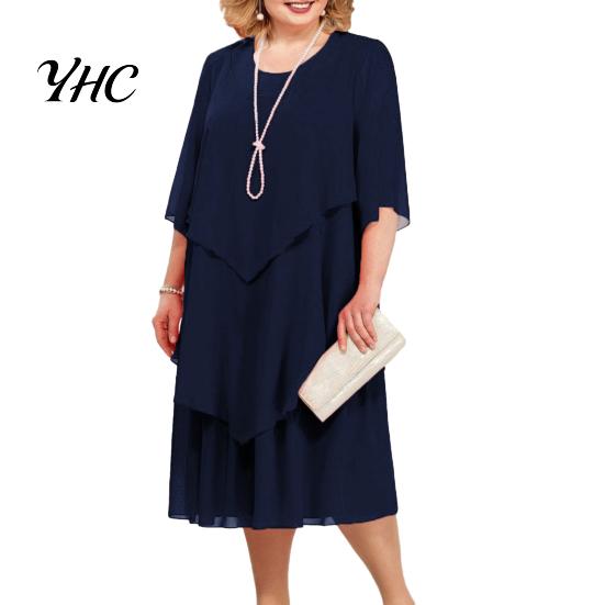 Layered Hem Flowy Dress Women Spring Summer Midi O-neck Half Sleeve Party Wedding Guest Elegant Chiffon