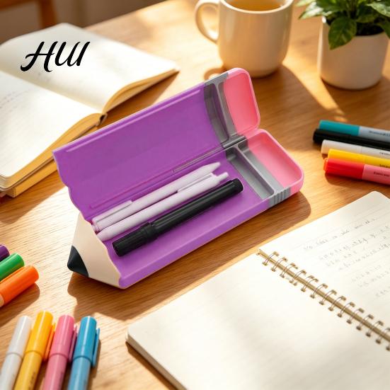 Pen And Marker Holder 3D Printed Pencil Shape Case, Large Capacity Eraser Sharpener Case for Students, Novelty Stationery Organizer Desk Travel School