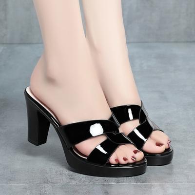 Summer New Fashion Elegant Lacquer Leather Outdoor Wear Soft Bottom Slipper for Women 2025 Fish Mouth High Heel Sandal