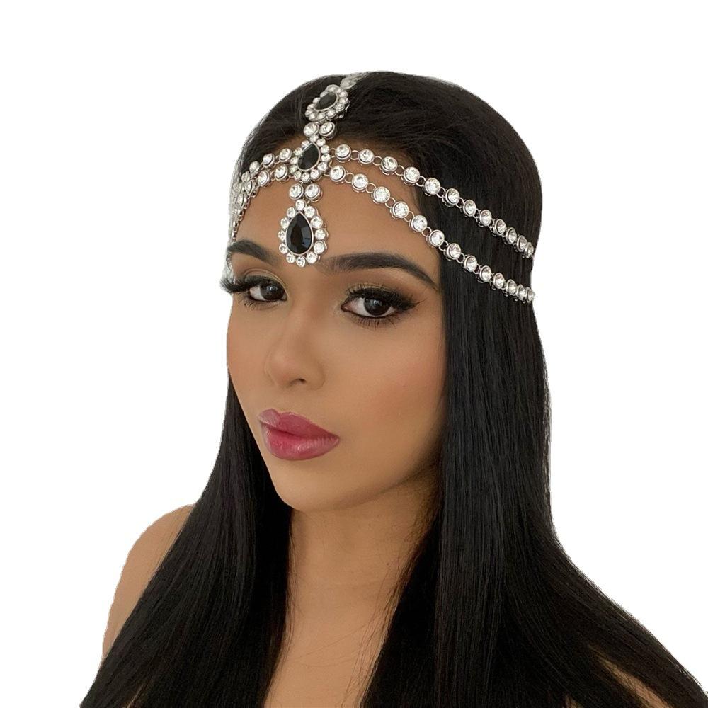 Cross-Border Hot Multi-Layer Rhinestone Black Water Drop Pendant Head Chain for Women Fashion Crystal Forehead Lace Hair