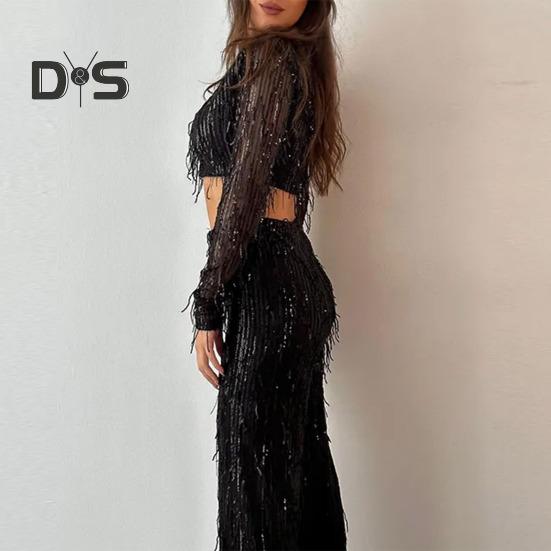 2Pcs/Set Women Tassel Sequin Party Outfit Set O Neck Long Sleeve Cropped Tops High Waist Wide Leg Long Pants Set