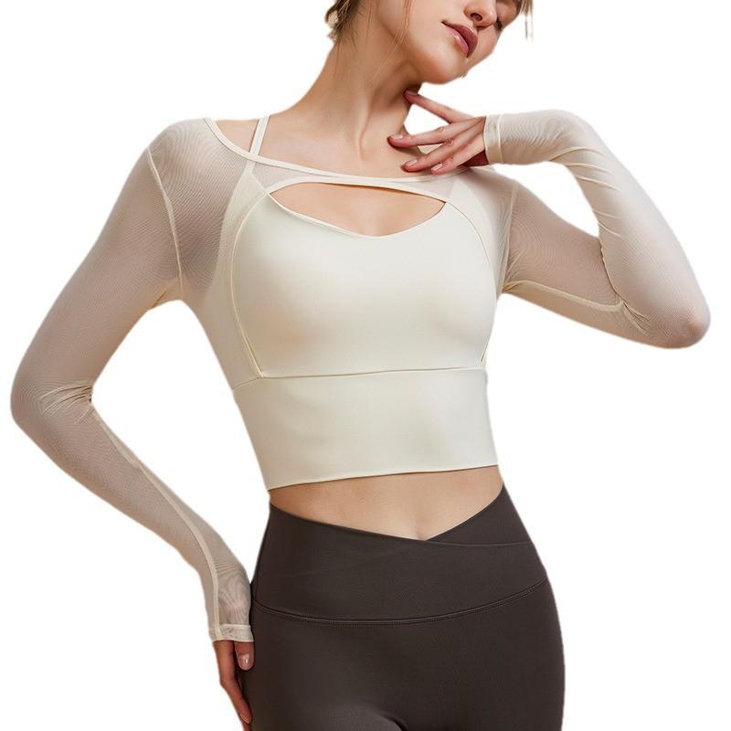 Womens Long Sleeve Yoga Top Mesh Cutout Sportswear Breathable Fitness Tee With High Elasticity