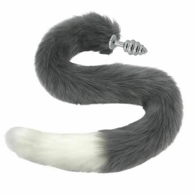 80Cm Long Grey White Fox Tail Cosplay Anal Butt Plug  Pet Play Butt Plug Tails