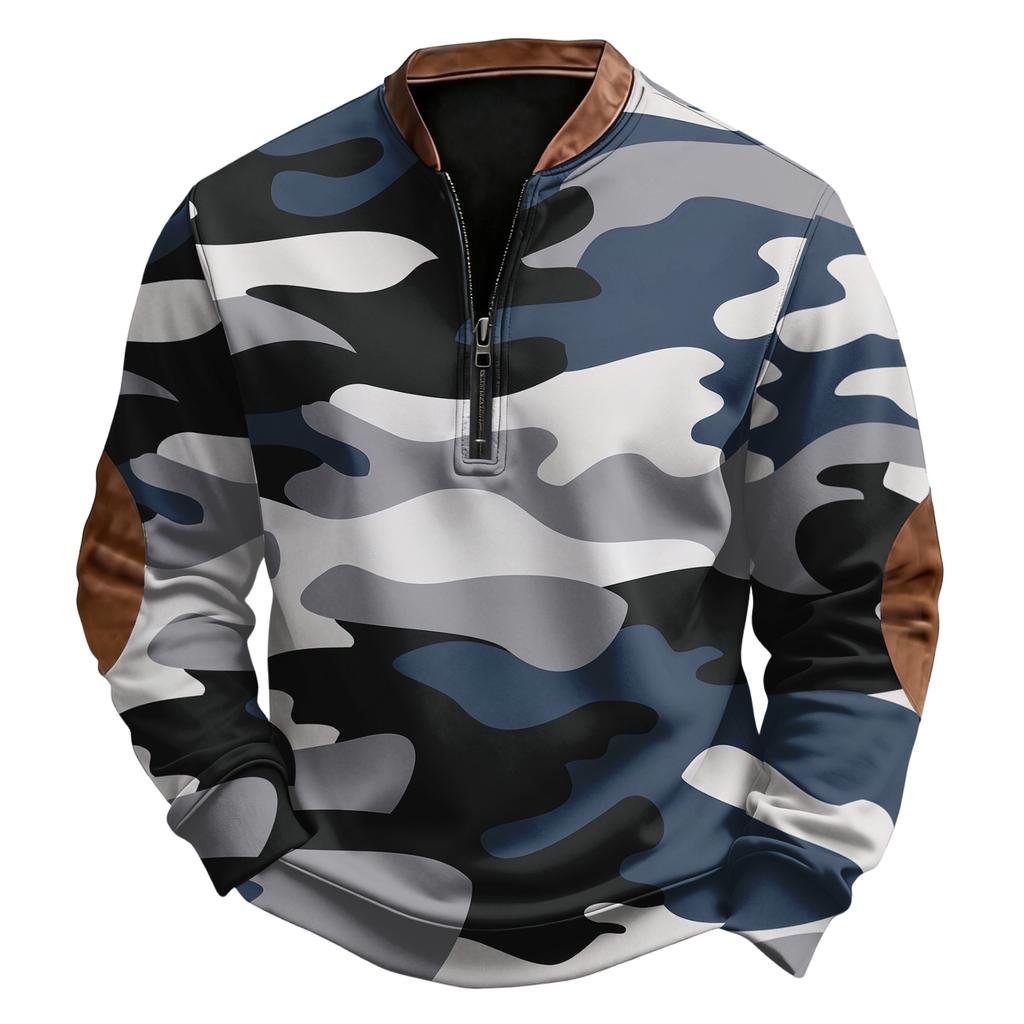 Men's Casual, Trendy, Retro American Camouflage Printed Round-neck Long-sleeved Half-pull One-piece Sweatshirt
