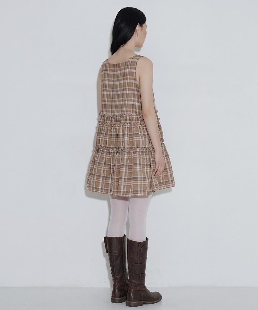 Cecese Tiered Ruffle Check Dress Beige