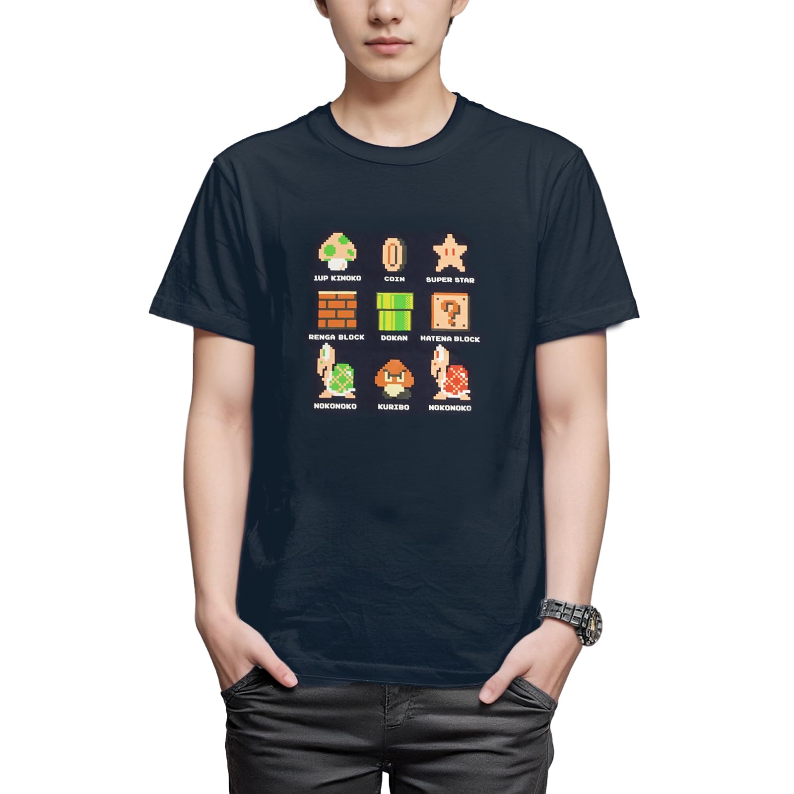 

FinePlus Super Mario Bros. Mario Dot Collection Retro Character T-Shirt, Short Sleeve