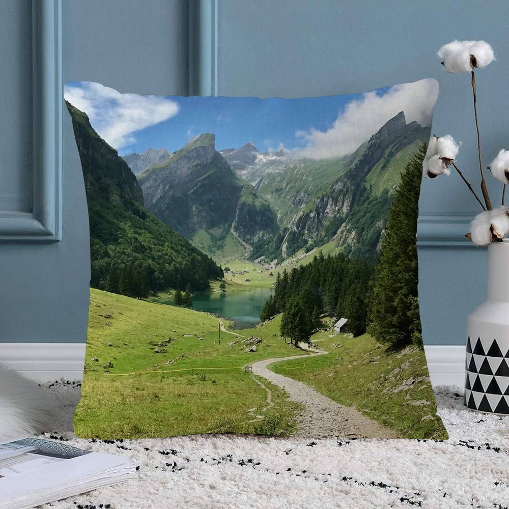 Beautiful Green Mountain Landscape Nature Scenery Cushion Cover Farmhouse Decor Home Throw Pillow Covers for Couch Decorations