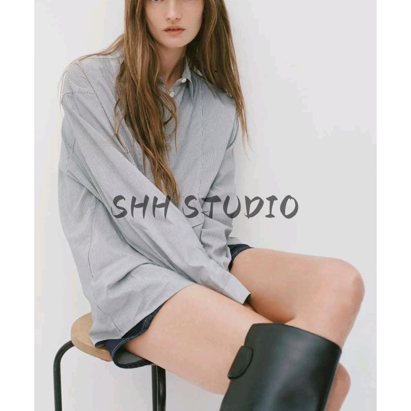 Autumn New Women Clothes French Style Casual Loose Single Row Multi-Buckle Long Sleeve Lapel Stripe Shirts 9479260