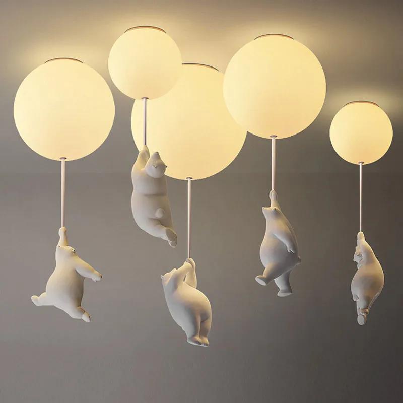 Modern Polar Bear Pendant Chandelier Creative Mike White Glass Ball Resin Indoor Kid Children Kindergarten Hanging Led Lamp