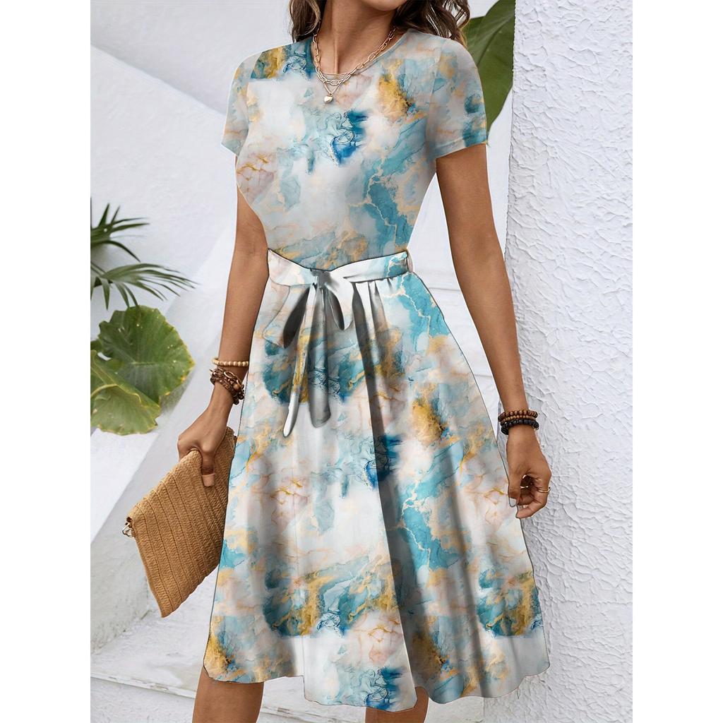 Women's Fashionable Retro Patterned Printing Color Blocked Belt Casual Dress