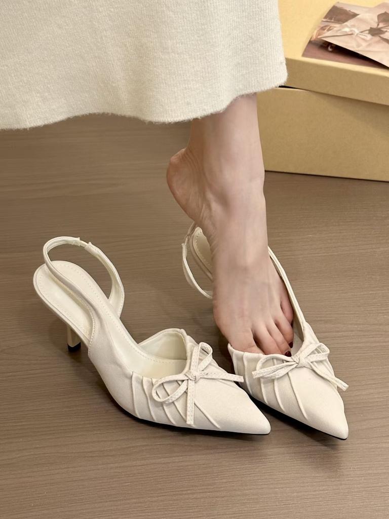 Nischen-Temperament High Heels Damen Frühling Schleife spitze Zehenpartie flacher Ausschnitt dünner Absatz Tasche Kopf Sandalen