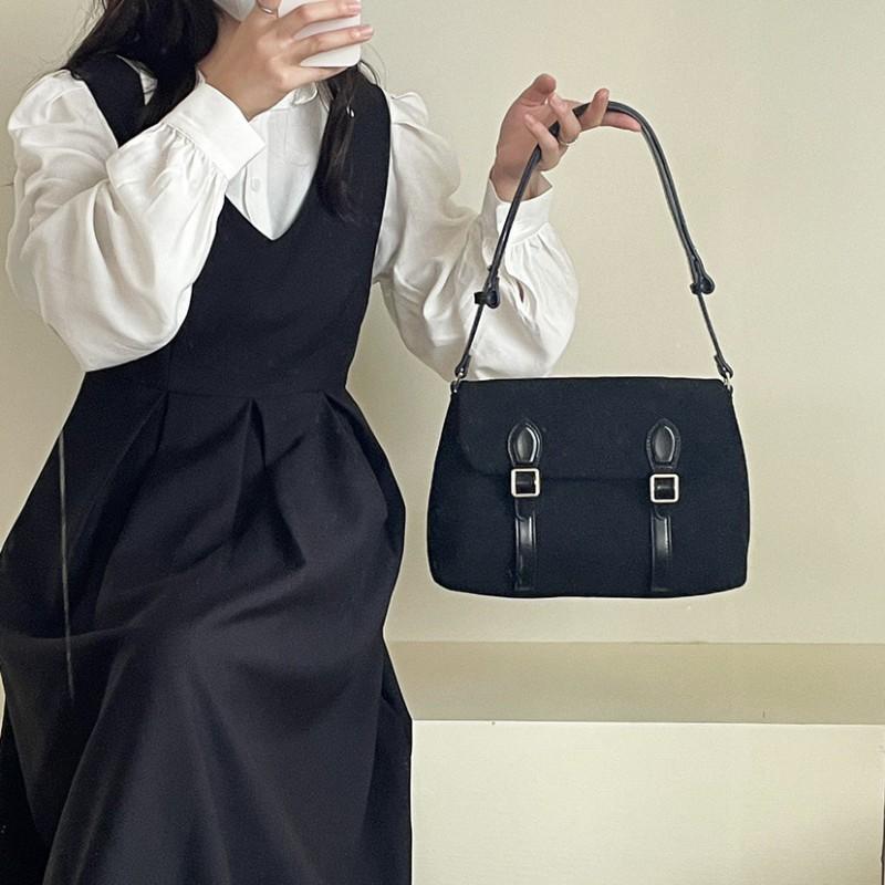 Korean New Commuter Women s Bag Retro Suede Stitching Single Shoulder Underarm Fashionable All-matching Mailman Diagonal чёрный