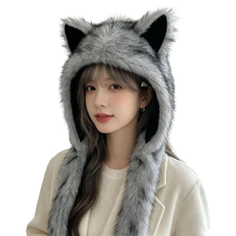 Plush Cats Ear Hat with Faux Furs Look Earflaps, Long Coverage Thick Warm Hat for Cold Weather Daily Outfit Styling, Outdoor Activity