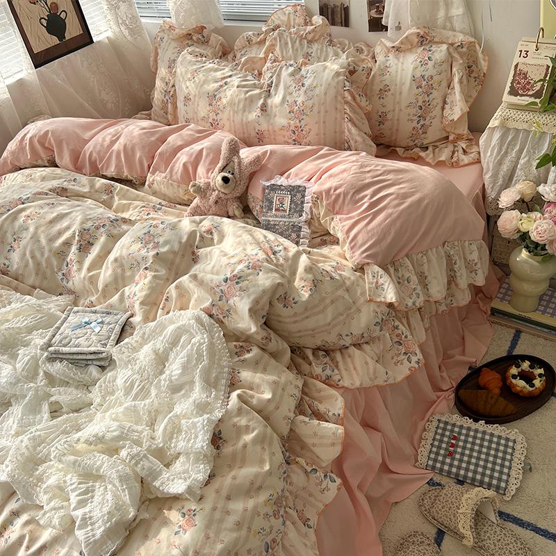 3/4Pcs Korean Princess Style Floral Ruffles Bedding Set Skin-friendly Soft Duvet Cover Set Bed Sheet Or Bed Skirt Pillowcases