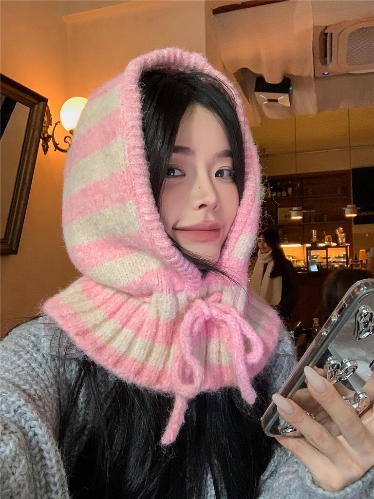 Striped Balaclava Hat Women's Autumn and Winter Cold and Warm Scarf Integrated Knitted Wool Hat Big Head Circumference Versatile