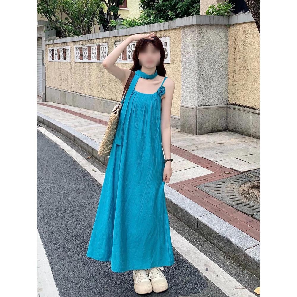 Women's Summer Beautiful Beautiful Long Dress New Small Temperament Seaside Vacation Blue Suspender Dress Casual