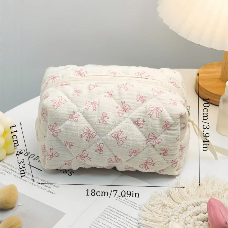 New Bowknot Quilting Women Cosmetic Bag Cute Zipper Travel Makeup Pouch Cotton Aesthetic Storage Bag Skincare Organizer