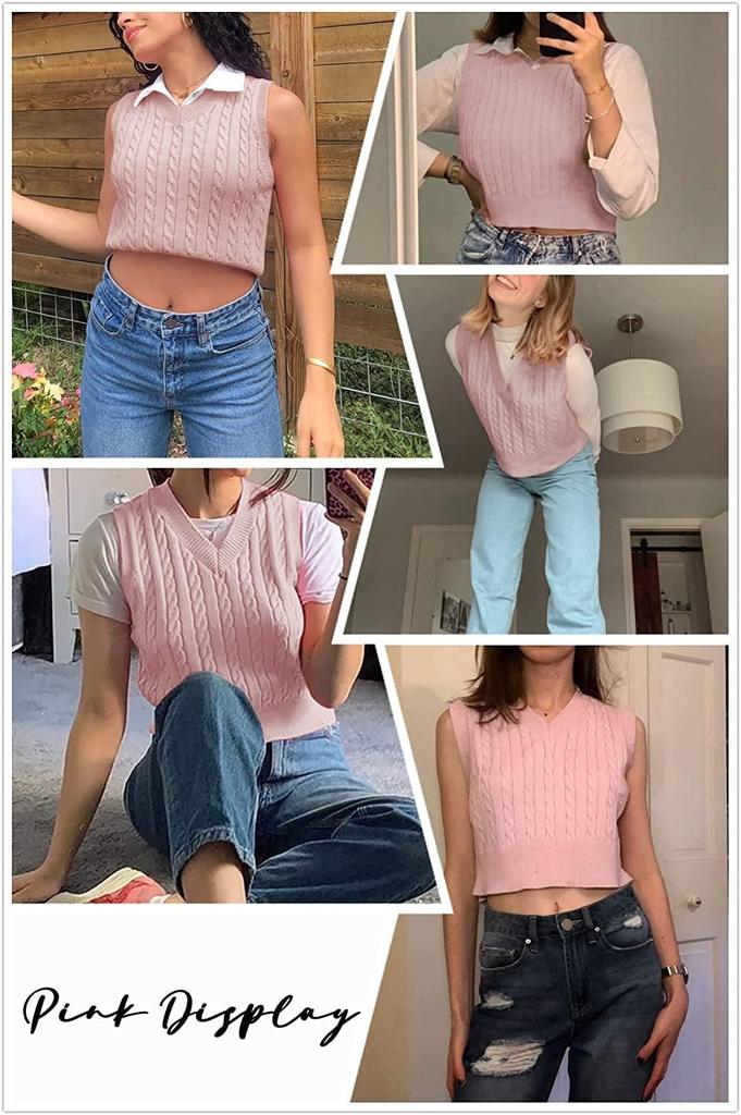 Womens Preppy Cropped Sweater Vest V Neck Sleeveless Cable Knit Tank Top