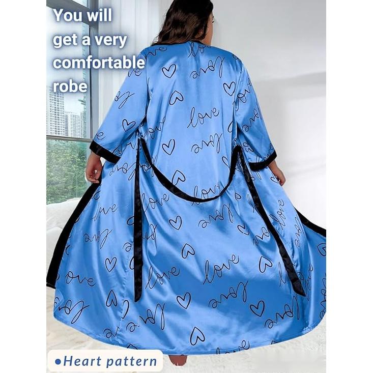 Women's Plus Size Valentines Robe, Sexy Satin Robe Long Sleepwear