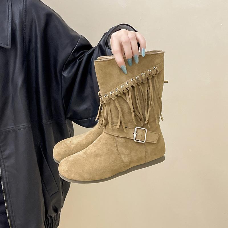 Design Sense Wasteland Style Women's Martin Boots Autumn and Winter Niche Retro Tassel Western Cowboy Temperament Wedge Heel Fashion Boots