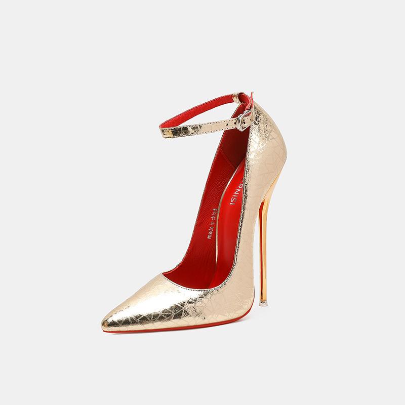 Wunderschöne 16cm Extreme High Heels Echtes Leder Stilettos Glitzernde Fetisch Knöchelriemchen Schafsleder Pumps SM Laufsteg Herrenschuhe