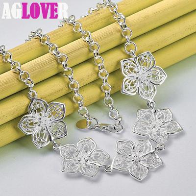 925 Sterling Silver 20 Inch Five Flower Pendant Necklace Jewelry