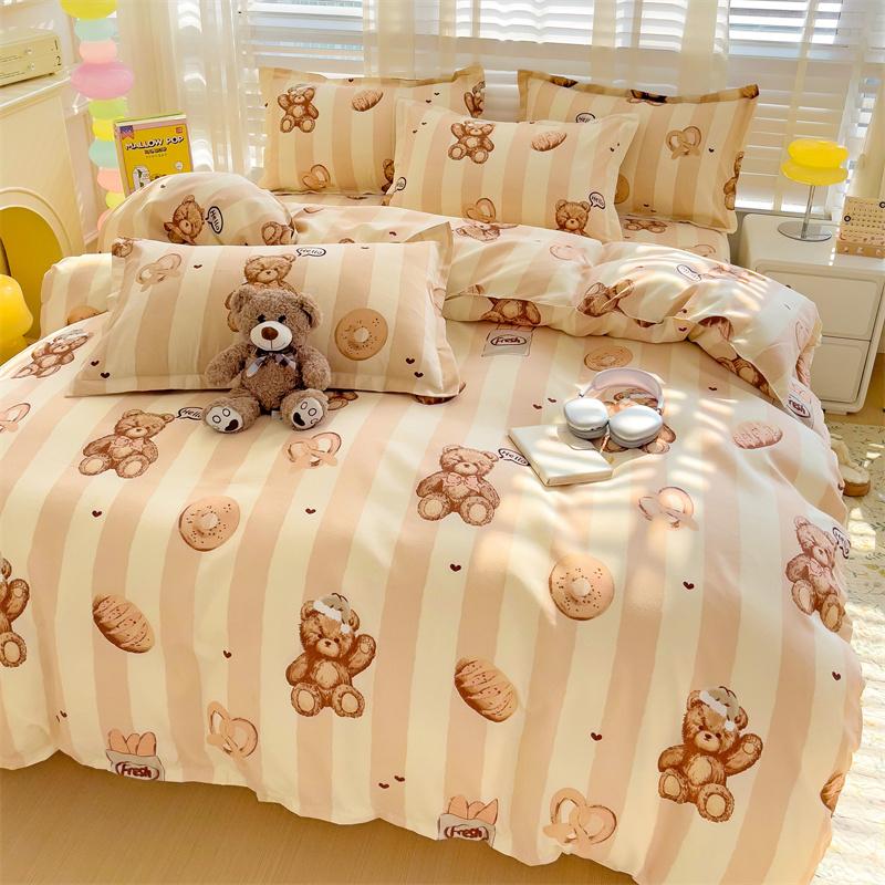Cute Bear Bedding Set No Filler Ins Korean Style Khaki Brown Striped Comforter Covers Queen Size Kids Adult Soft Thick Bedding