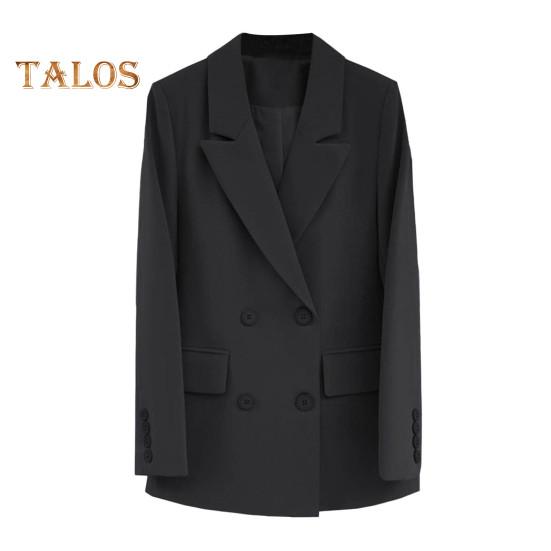 Damen Anzugjacke Revers Langarm Zweireihig Anzugjacke mit Pattentaschen Einfarbig Lockere Passform Lässige Business-Oberbekleidung