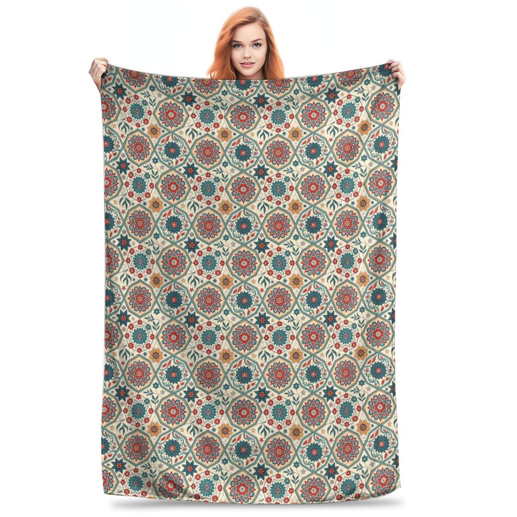 Flannel Throw Blanket Symmetrical Ornamental Tile Floral Pattern In Boho Style Blankets Soft Bedding for Bed Home Travel Sofa