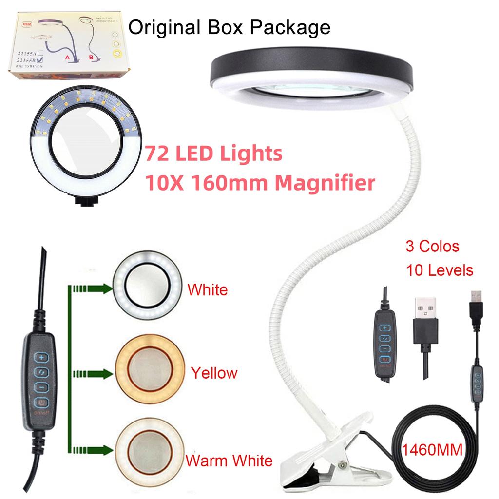 10X Magnifying Glass with 72 LED Light Magnifying Lamp Clip On Illuminated Magnifier Selfie Ring Light with Phone Holder Metal