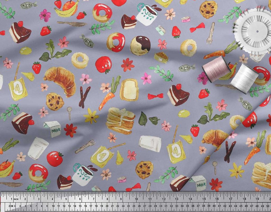 Soimoi Japan Crepe Satin Fabric Fruits,Bread & Donut Food Decor Fabric Printed metre 42 Inch