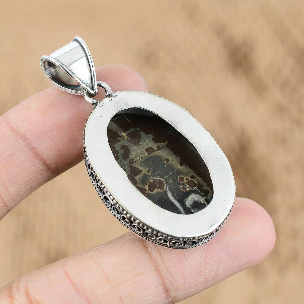 925 Silver Oval Natural Moroccan Mud Crack Fossil Mother Vintage Pendant Jewelry