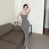 European and American style sexy suspender dress women's early autumn new corrugated abstract tight and thin backless long skirt