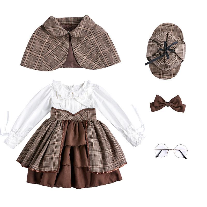 Lolita British School Style Cosplay Kids Detective Outfit Cape Glasses Set Classic Cute XS