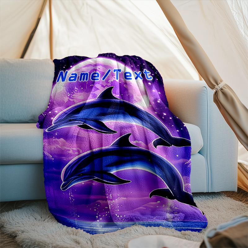 1PC Custom Name Dolphins Moonlight Outdooor Flannel Blankets Throw Blanket All-Season Throw Gift Bedspread for Couch, Bed, Camping Holiday Birthda