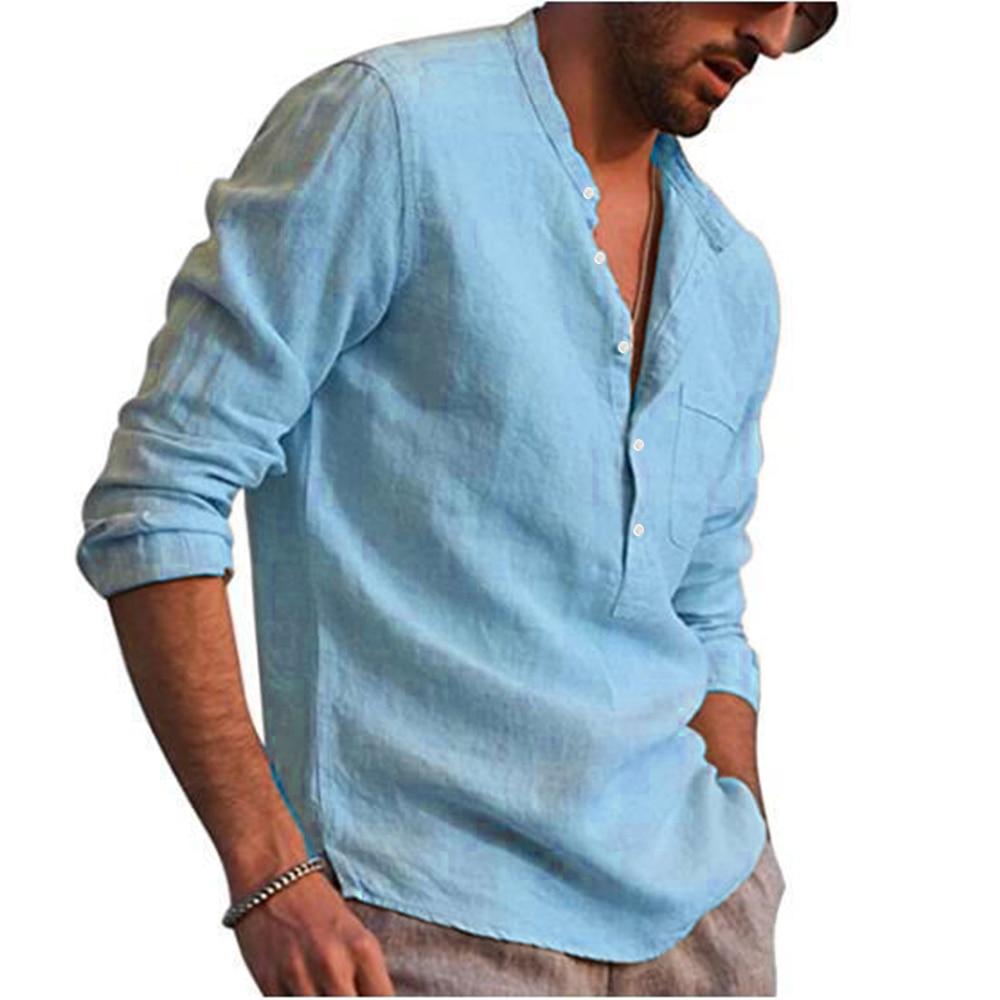 Camicie a maniche lunghe da uomo in cotone e lino, colletto alto, tinta unita estiva, stile casual da spiaggia, taglie forti
