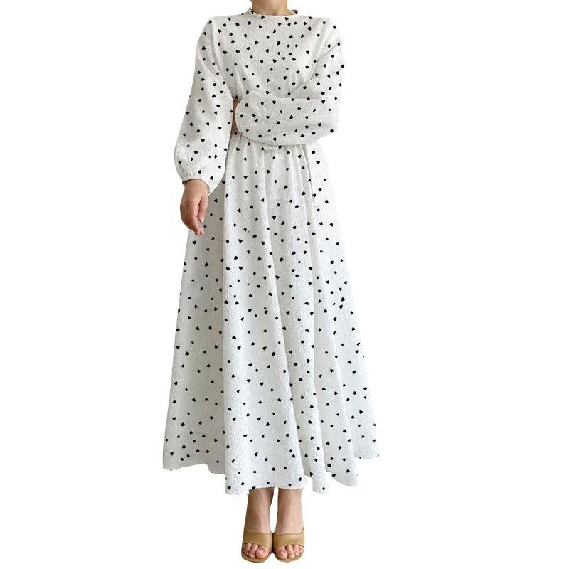 Casual Loose Waist Long Sleeve Round Neck Heart Shaped Print Dress