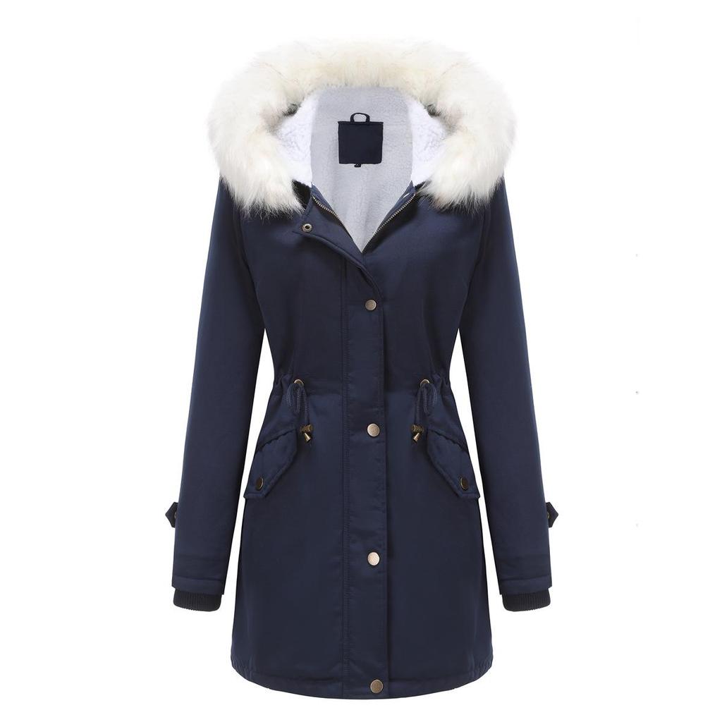 2023 Women's Detachable Fur Collar Parka: Long Sleeve Hooded Cotton Coat with Fleece Lining for Autumn/Winter