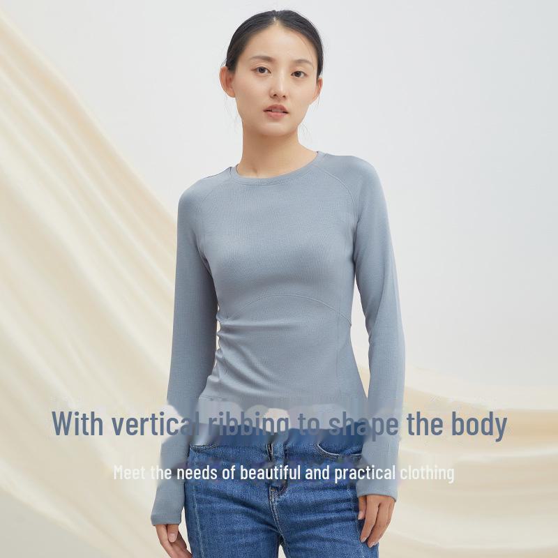 Women's Merino Wool and German Velvet Round Neck Bottoming Shirt - A-type Stitching and Thickened Skin-Beautifying Fabric