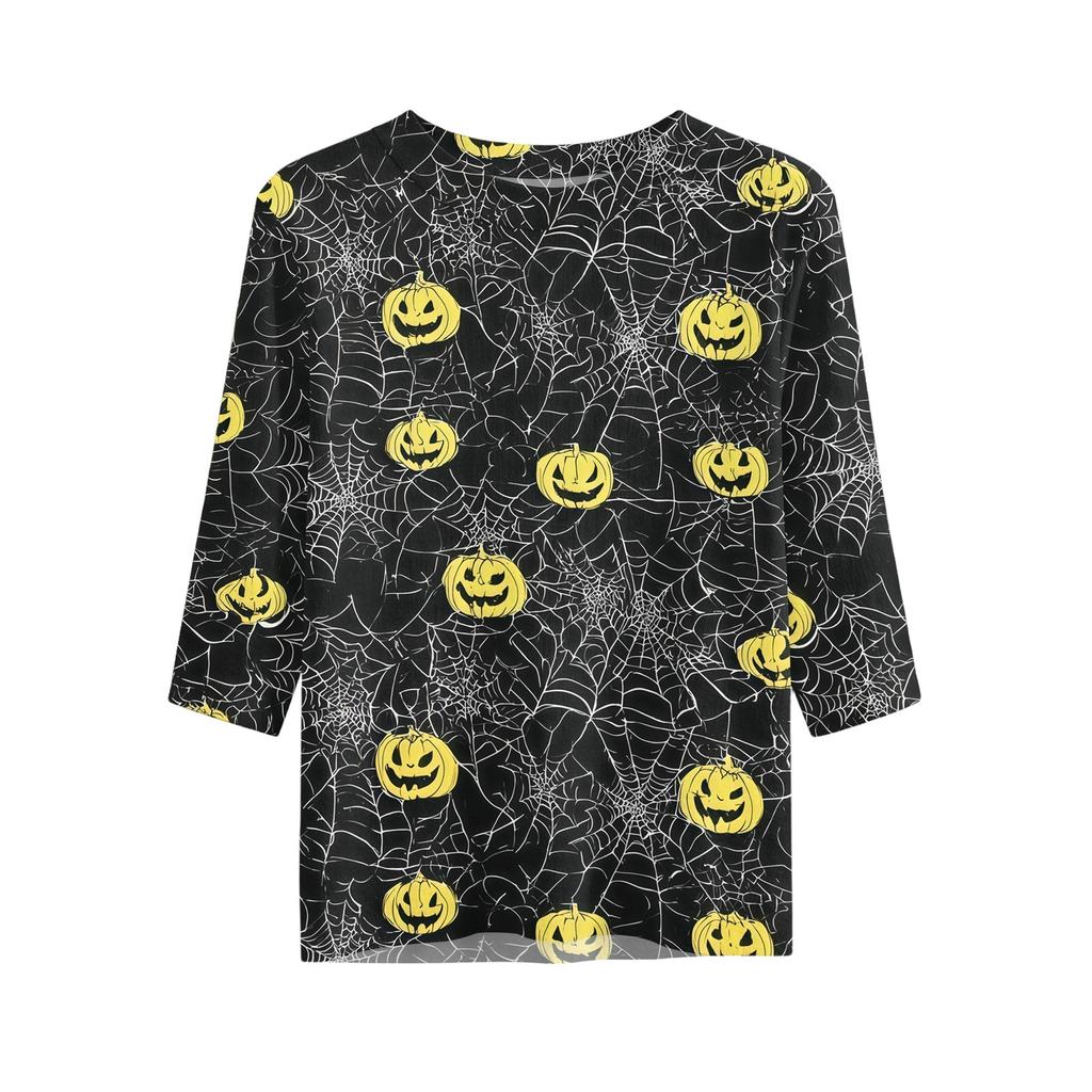 Women Casual Loose Fit Short Sleeve T Shirt Round Neck Lightweight Halloween Pumpkin Web Pattern Top