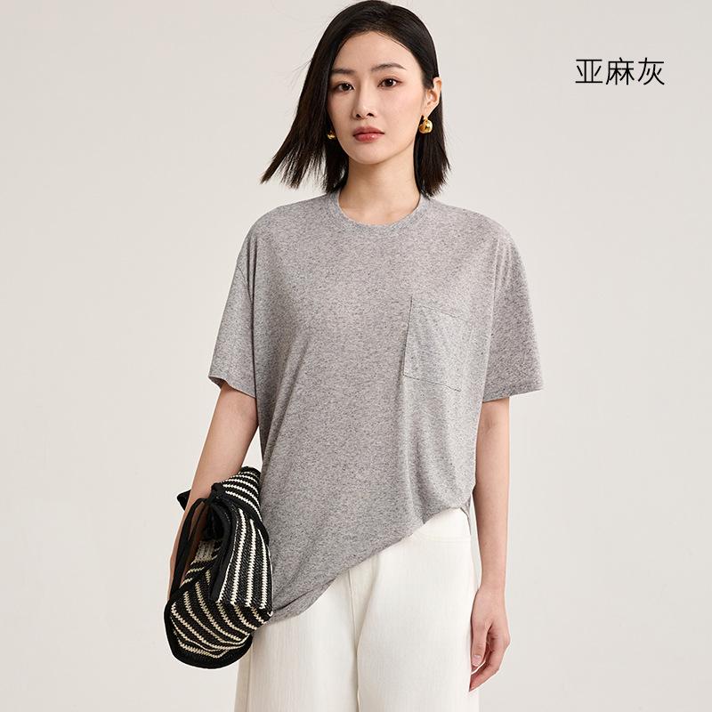Lao Qianfeng Linen Round Neck Short-sleeved T-shirt Women's Static Luxury Blend A Antibacterial Loose and Versatile Model