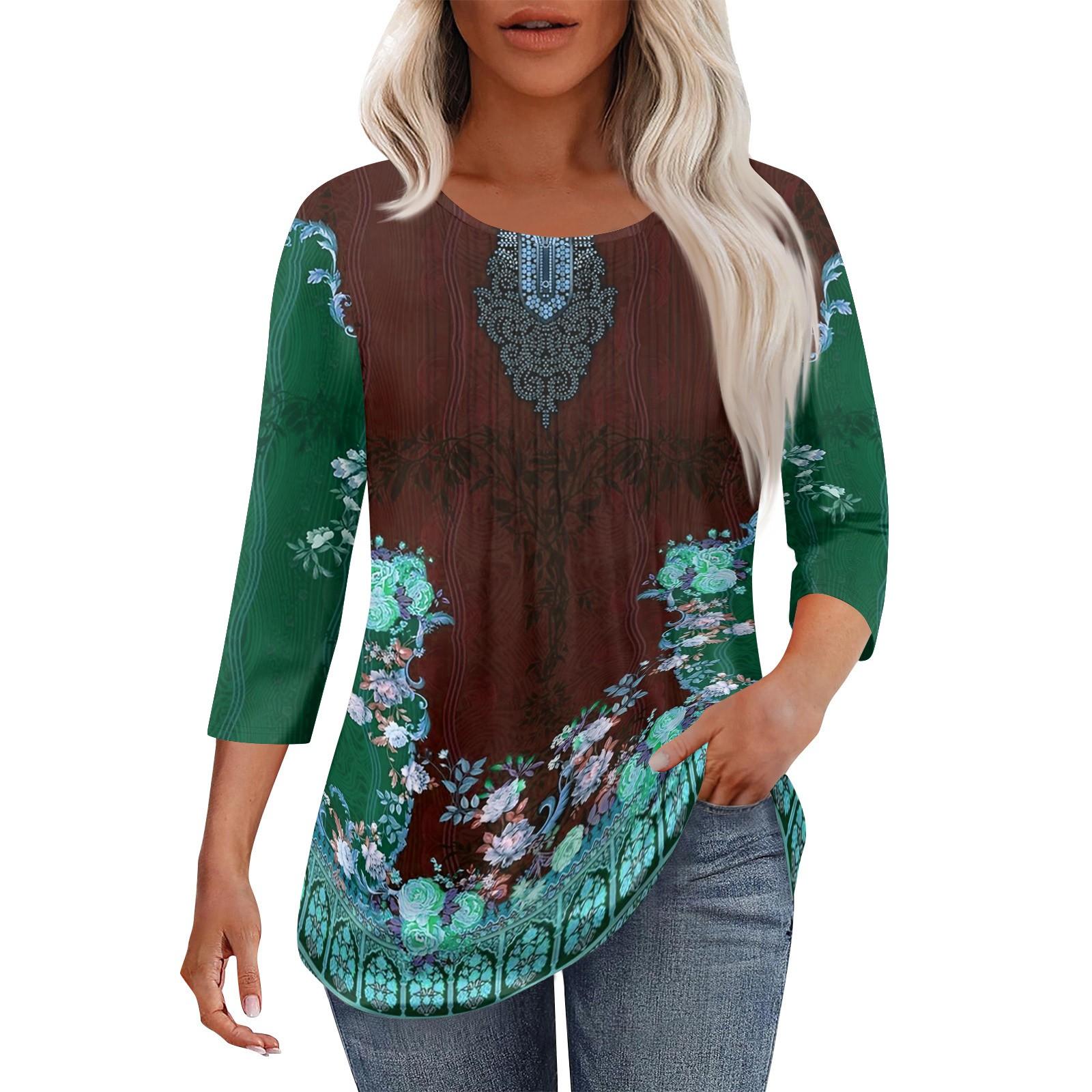 

Женская модная повседневная плиссированная футболка с круглым вырезом и рукавами три четверти с повседневным цветочным принтом S кофейный