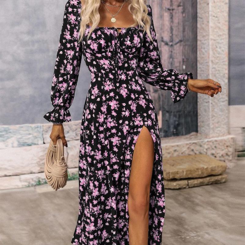 

Платье с квадратным вырезом и цветочным принтом - Макси с длинным рукавом и разрезом по подолу XL фиолетовый