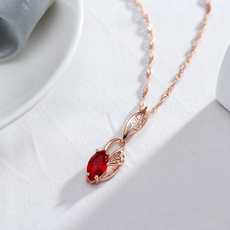 Luxury Red Natural Zircon Pendant Necklace For Women  Rose Gold Color Vintage Flower Wedding Party Fine Daily Jewelry