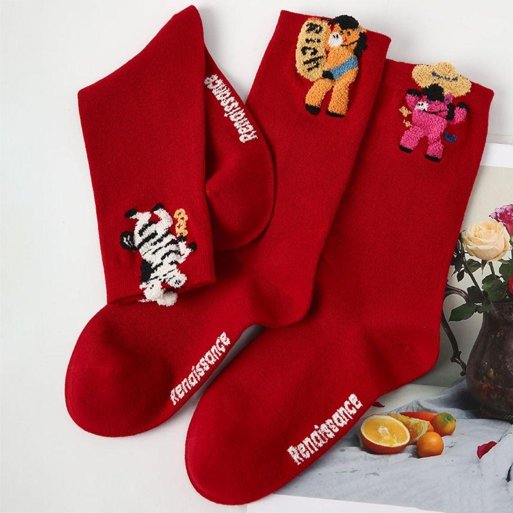 3Pairs Mid Calf Year of The Horse Socks Cartoon Red Cotton Socks Funny New Year Tube Socks  Women